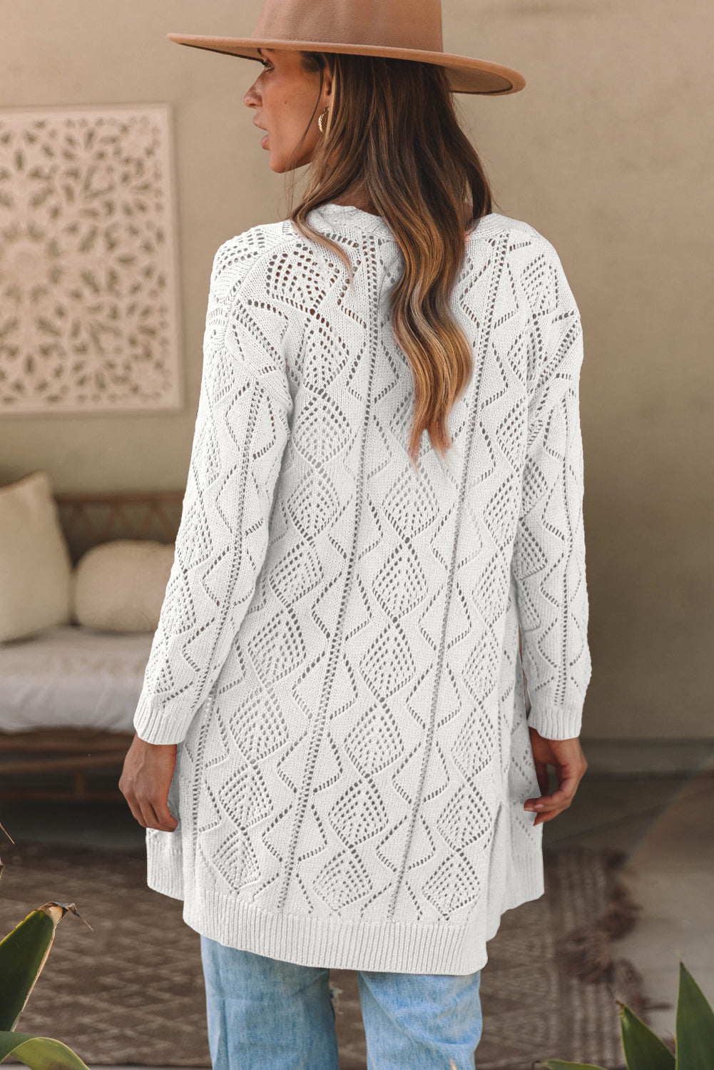 Gray Hollow-out Openwork Knit Cardigan