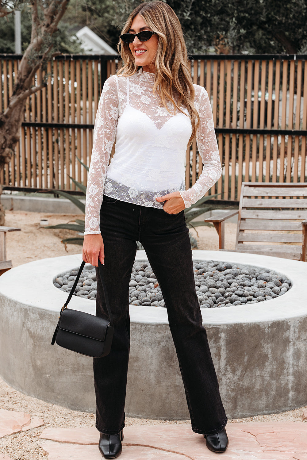 Black Sheer Floral Lace Mesh Mock Neck Long Sleeve Top