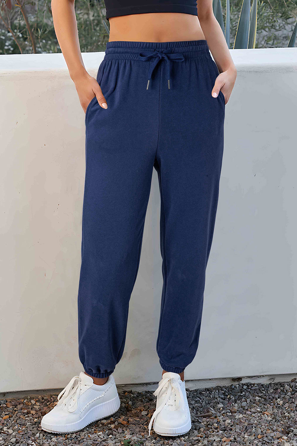 Light Grey Solid Color Fleece Lined Drawstring Waist Joggers