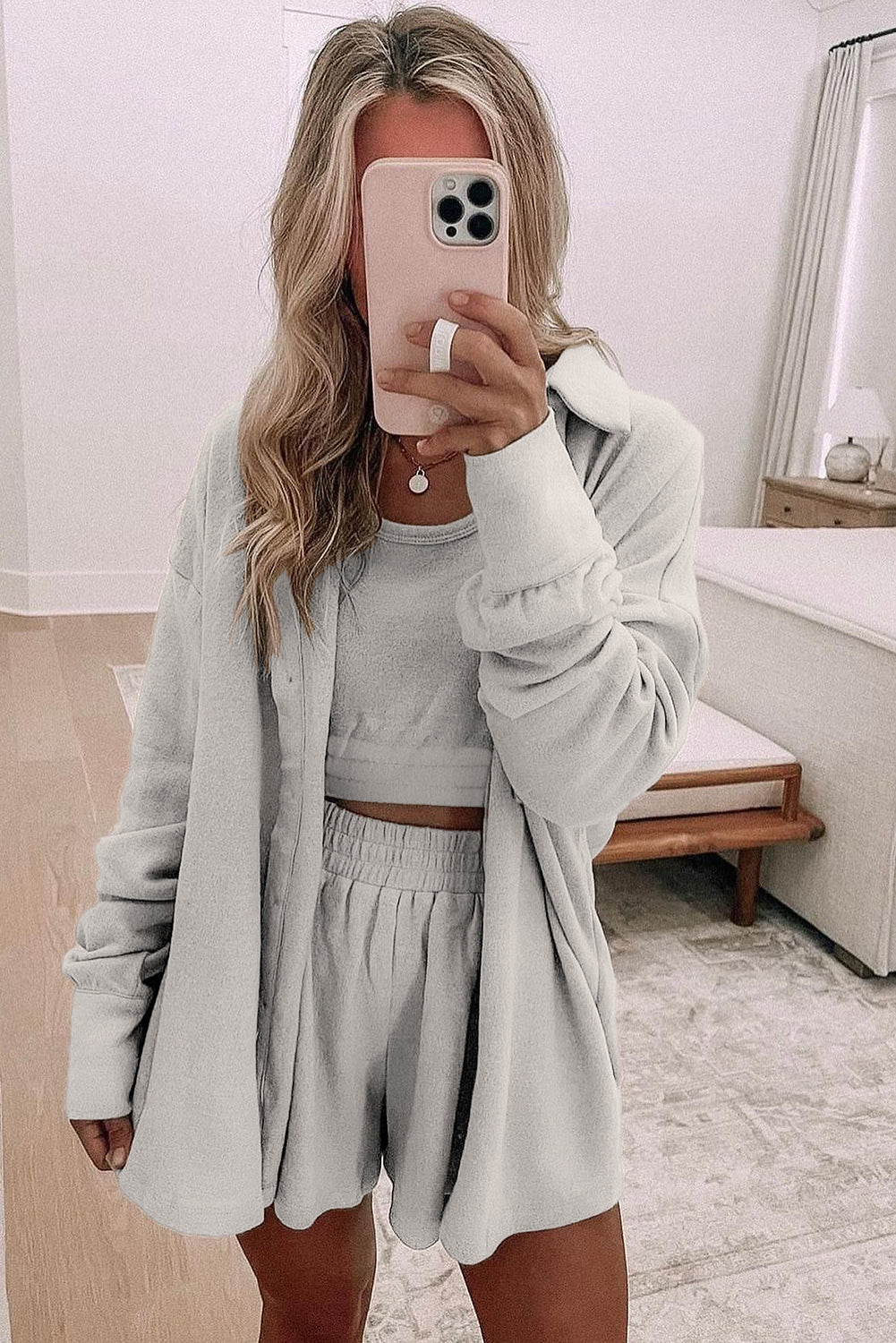 Black 3 Pcs Crop Tank Top Shorts with Cardigan Lounge Set