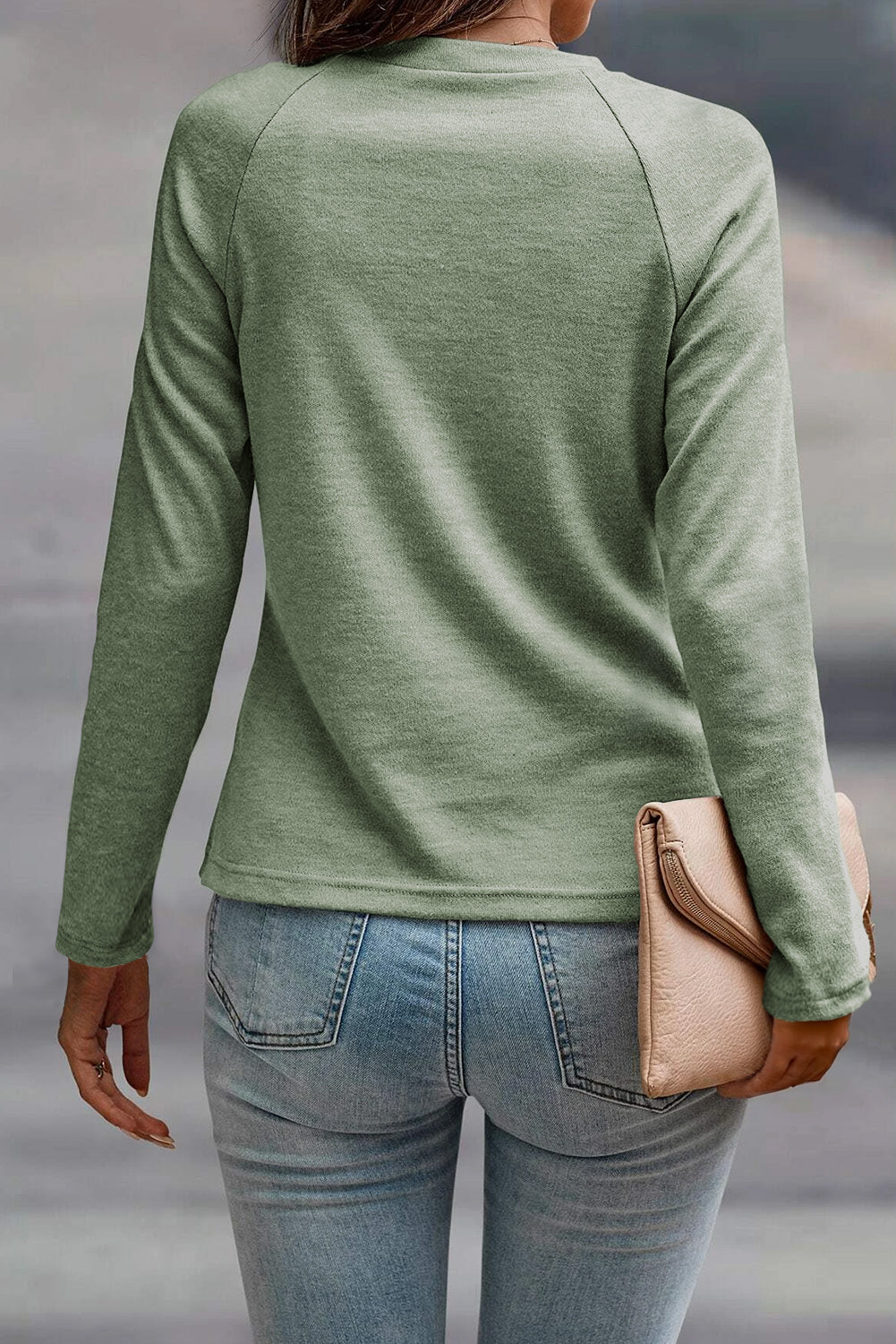 Navy Blue Solid Color Seam Detail Raglan Long Sleeve Top