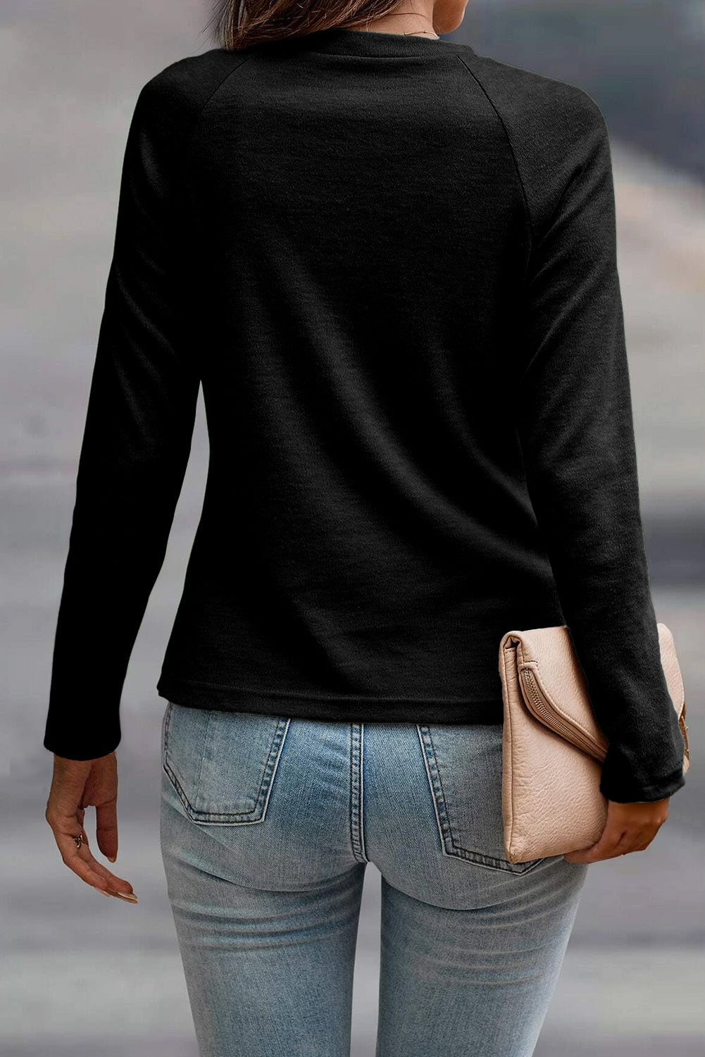 Navy Blue Solid Color Seam Detail Raglan Long Sleeve Top