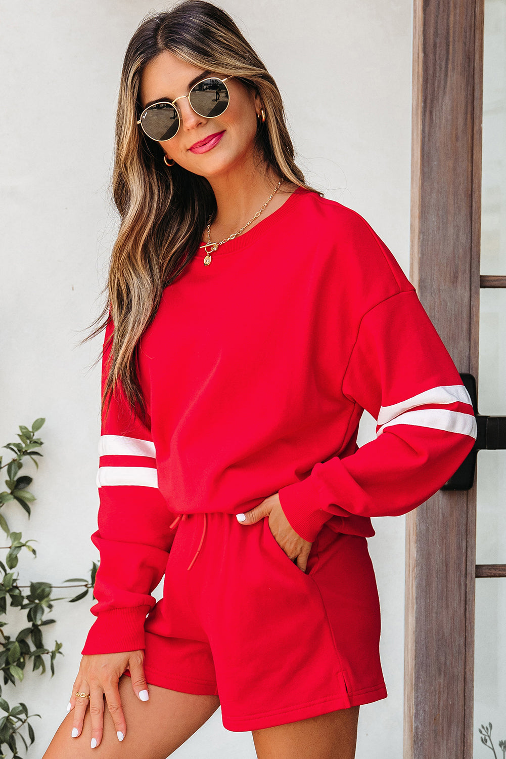 Black Varsity Striped Sleeve Drop Shoulder Sweatshirt and Short Set
