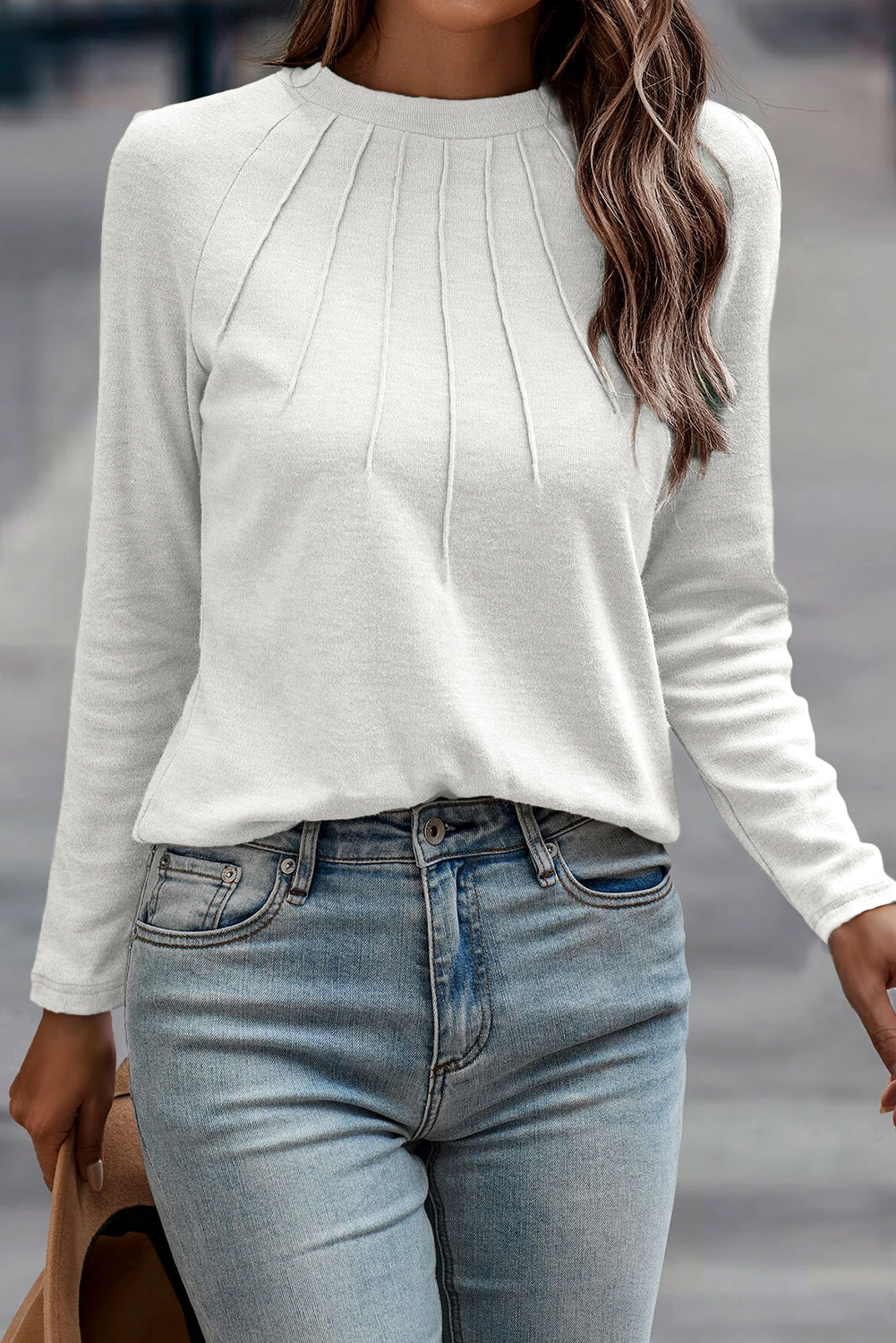 Navy Blue Solid Color Seam Detail Raglan Long Sleeve Top