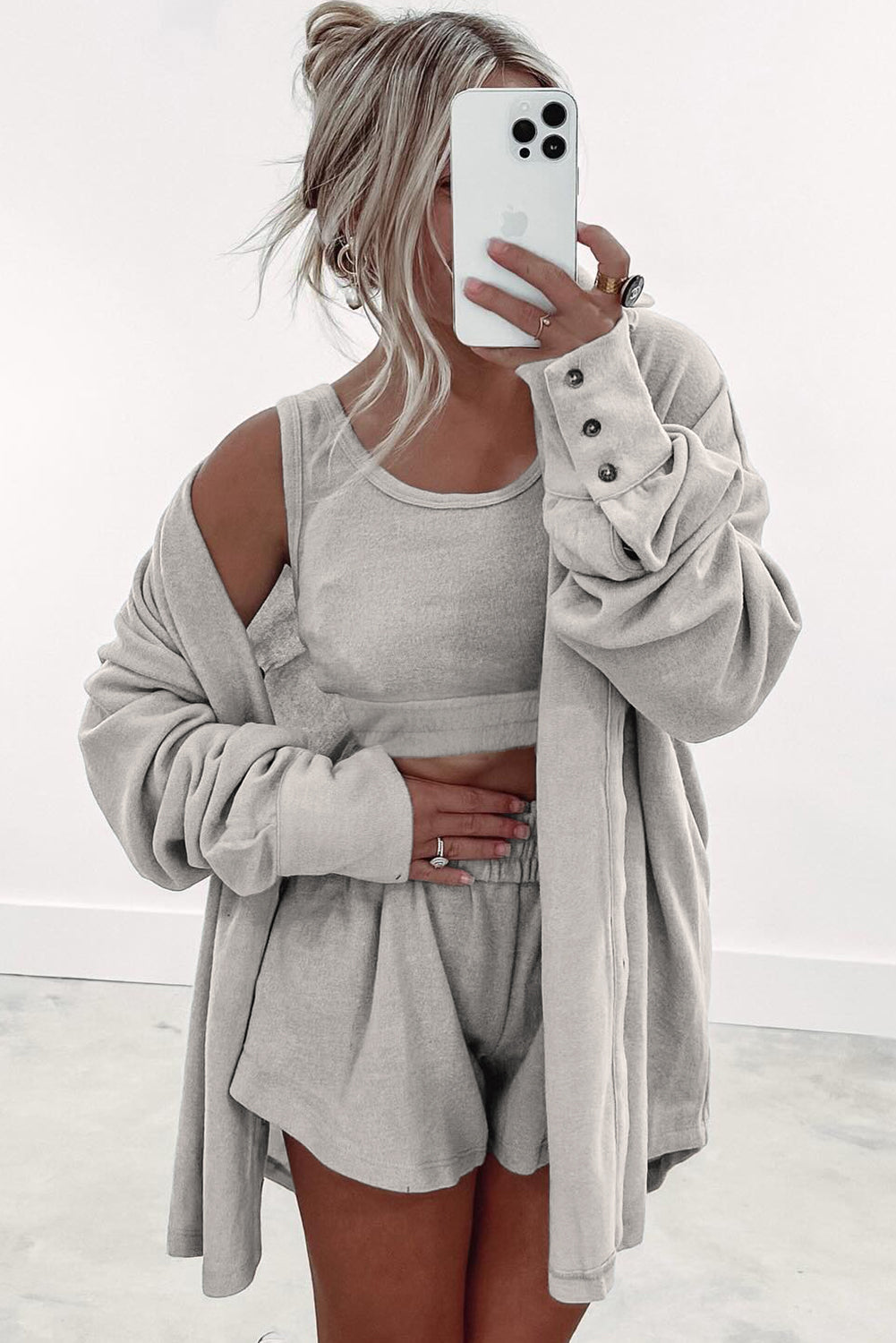 Black 3 Pcs Crop Tank Top Shorts with Cardigan Lounge Set