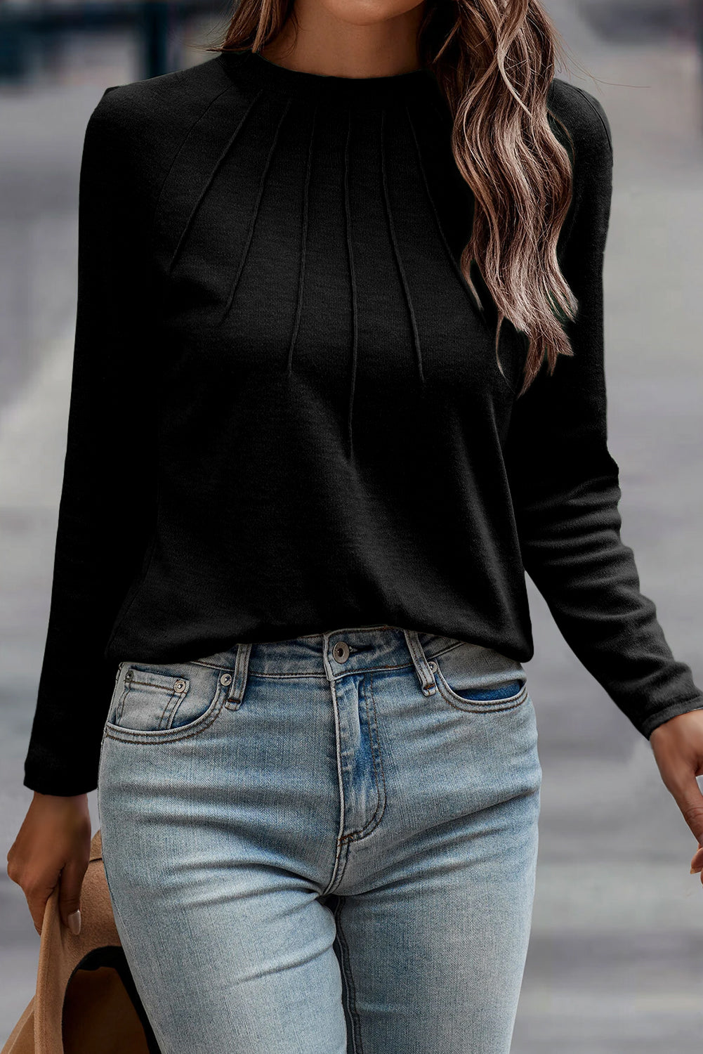 Navy Blue Solid Color Seam Detail Raglan Long Sleeve Top