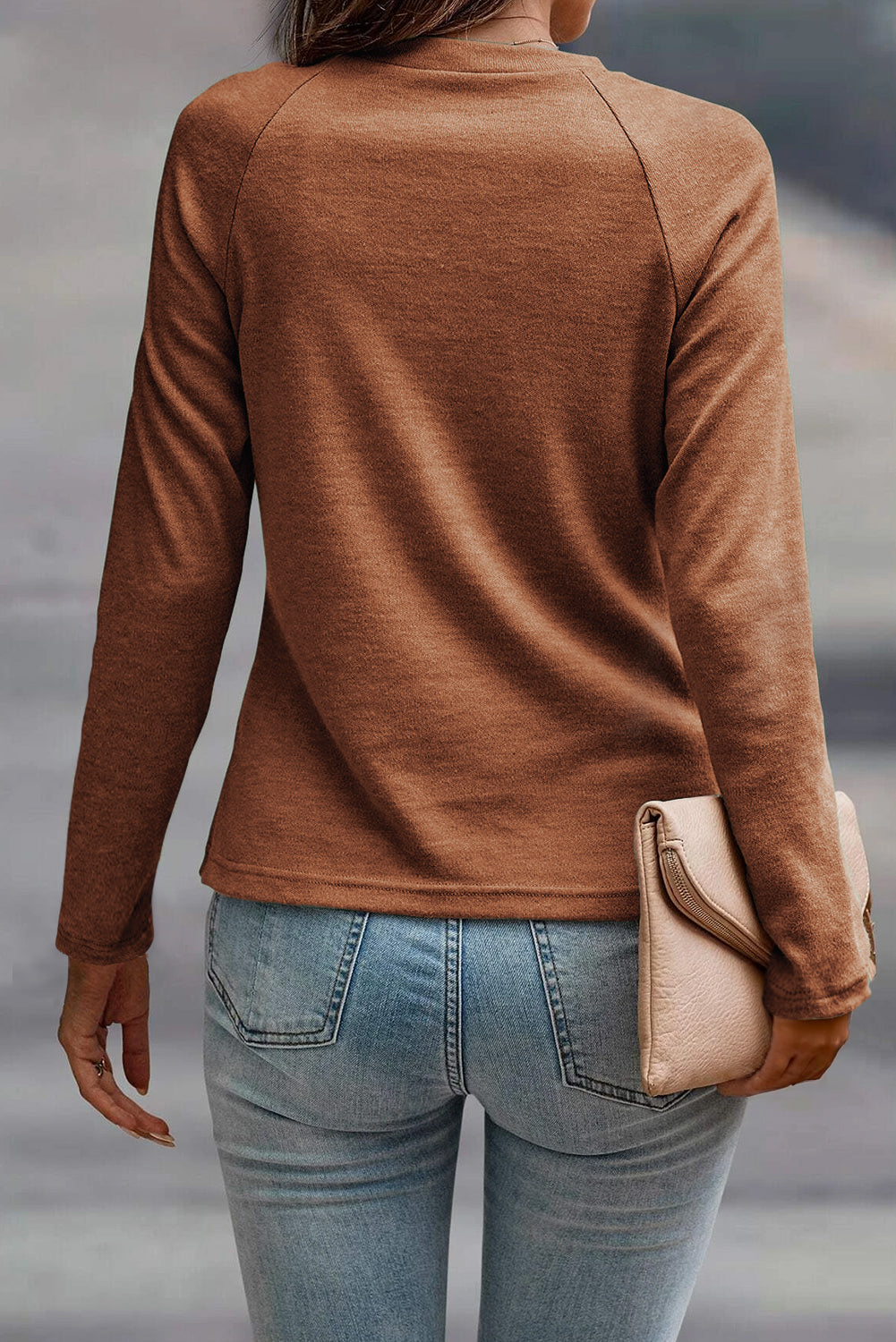 Navy Blue Solid Color Seam Detail Raglan Long Sleeve Top