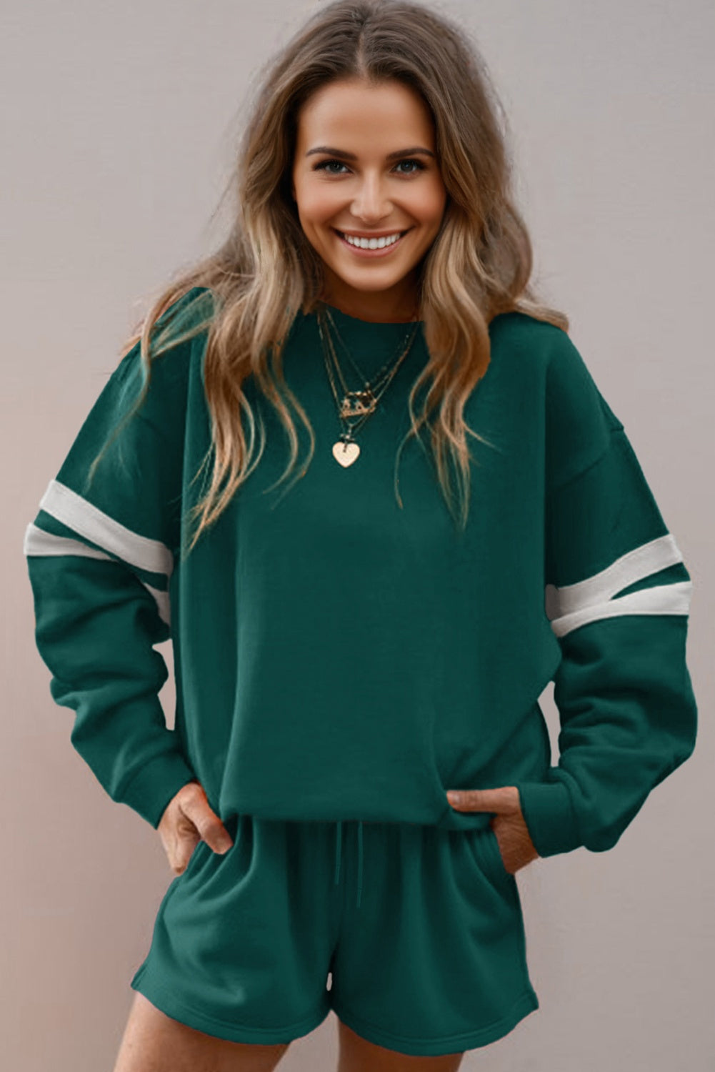 Black Varsity Striped Sleeve Drop Shoulder Sweatshirt and Short Set