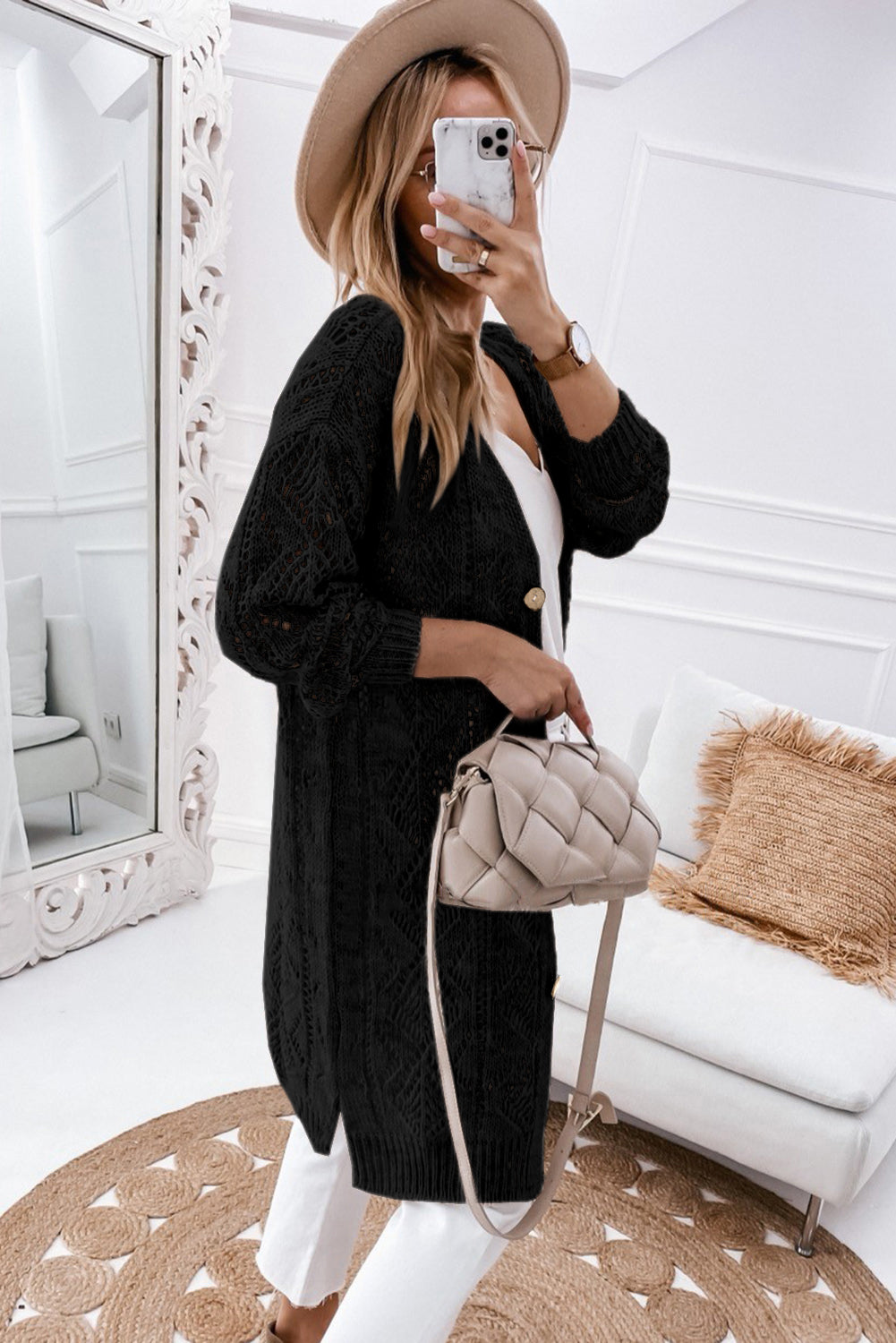 Gray Hollow-out Openwork Knit Cardigan