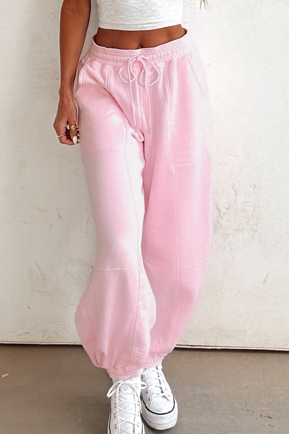 Lilac Drawstring Waist Patchwork Solid Color Jogger Pants