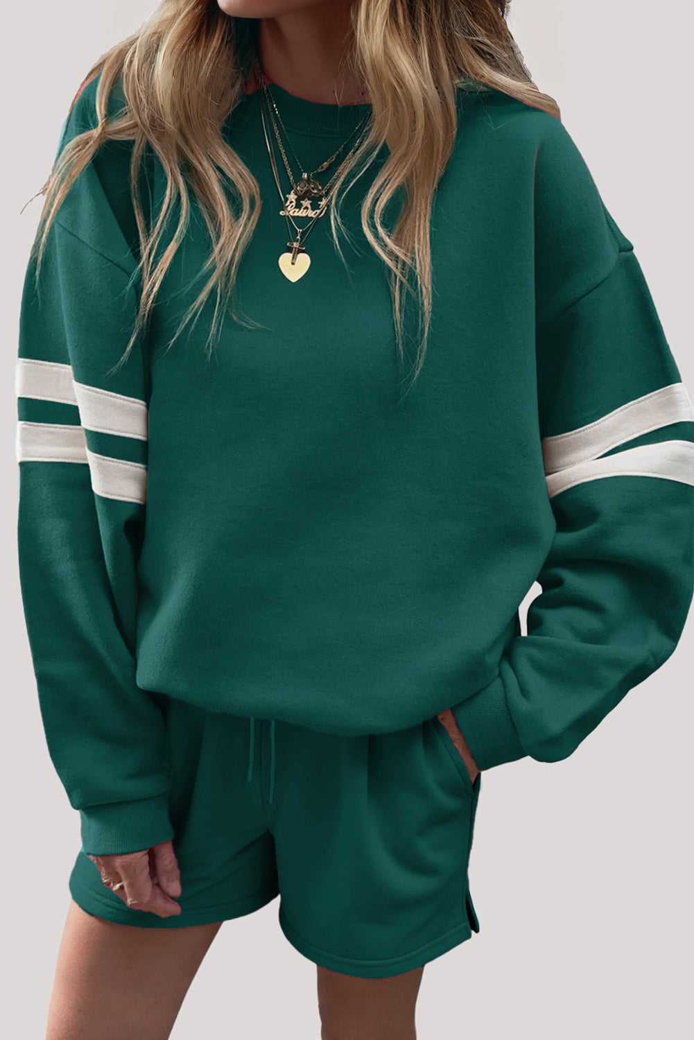 Black Varsity Striped Sleeve Drop Shoulder Sweatshirt and Short Set