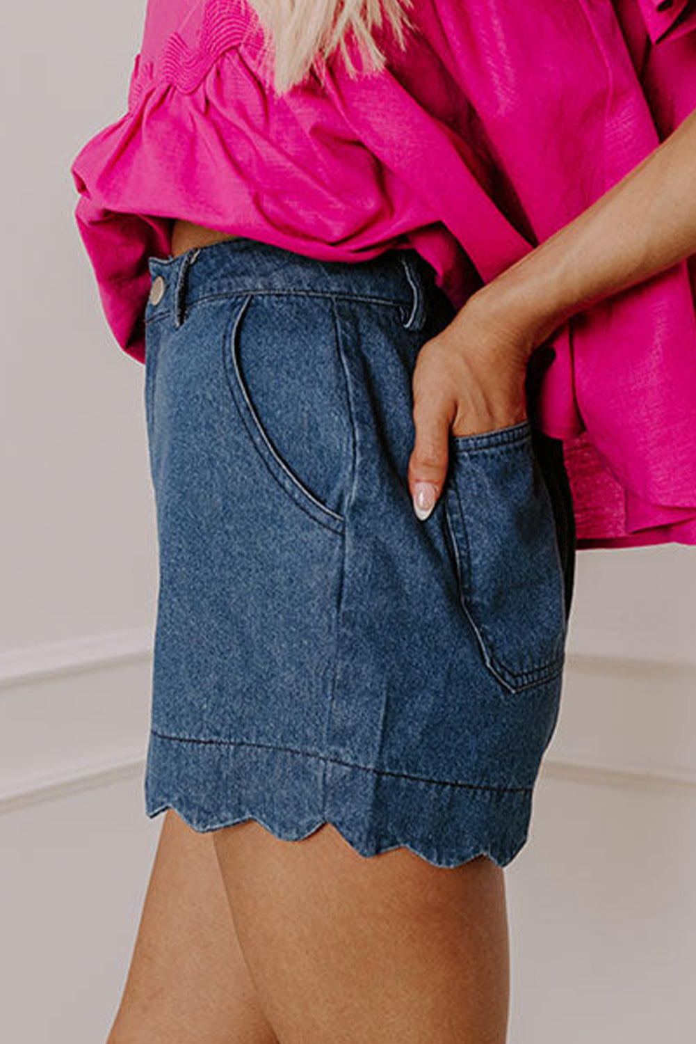 Dusk Blue Scalloped Hemline Acid Wash High Waist Denim Shorts