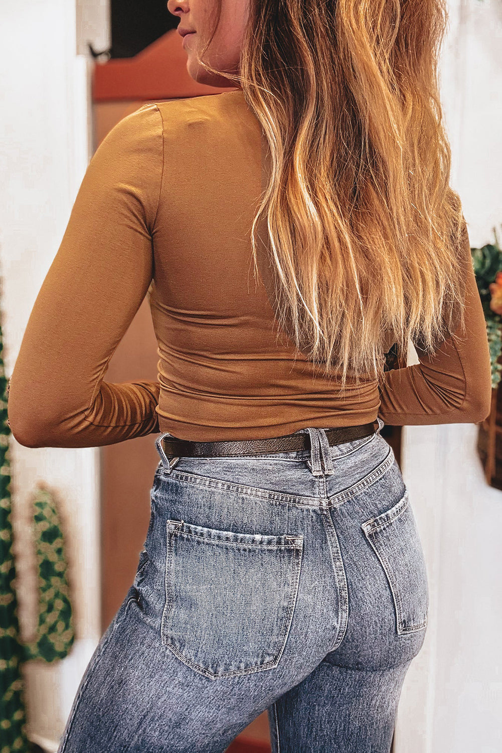 Black Solid Color Long Sleeve Fitted Top