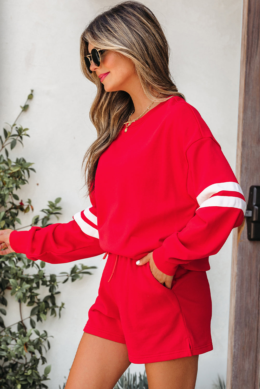Black Varsity Striped Sleeve Drop Shoulder Sweatshirt and Short Set