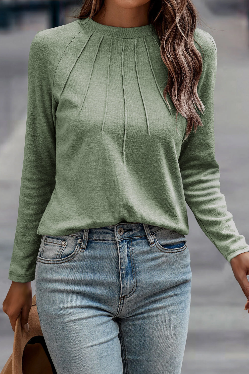 Navy Blue Solid Color Seam Detail Raglan Long Sleeve Top